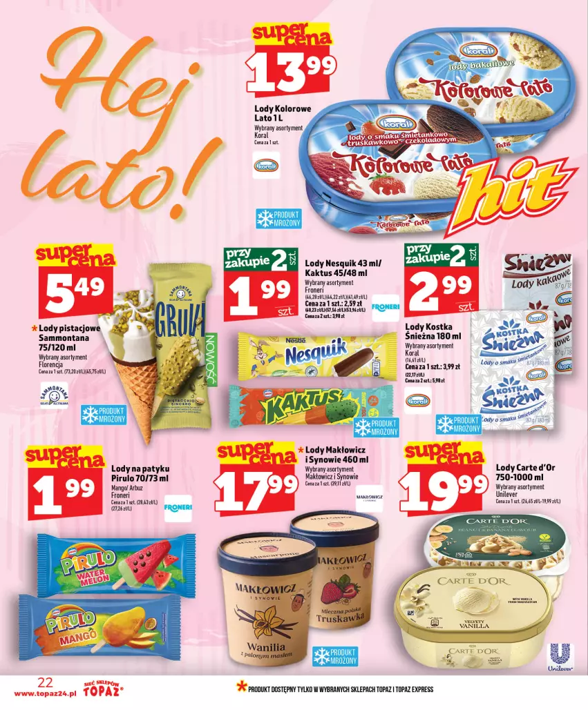Gazetka promocyjna Topaz - Gazetka - ważna 25.06 do 01.07.2026 - strona 22 - produkty: Carte d'Or, Kaktus, Lody, Nesquik, Top, Velvet