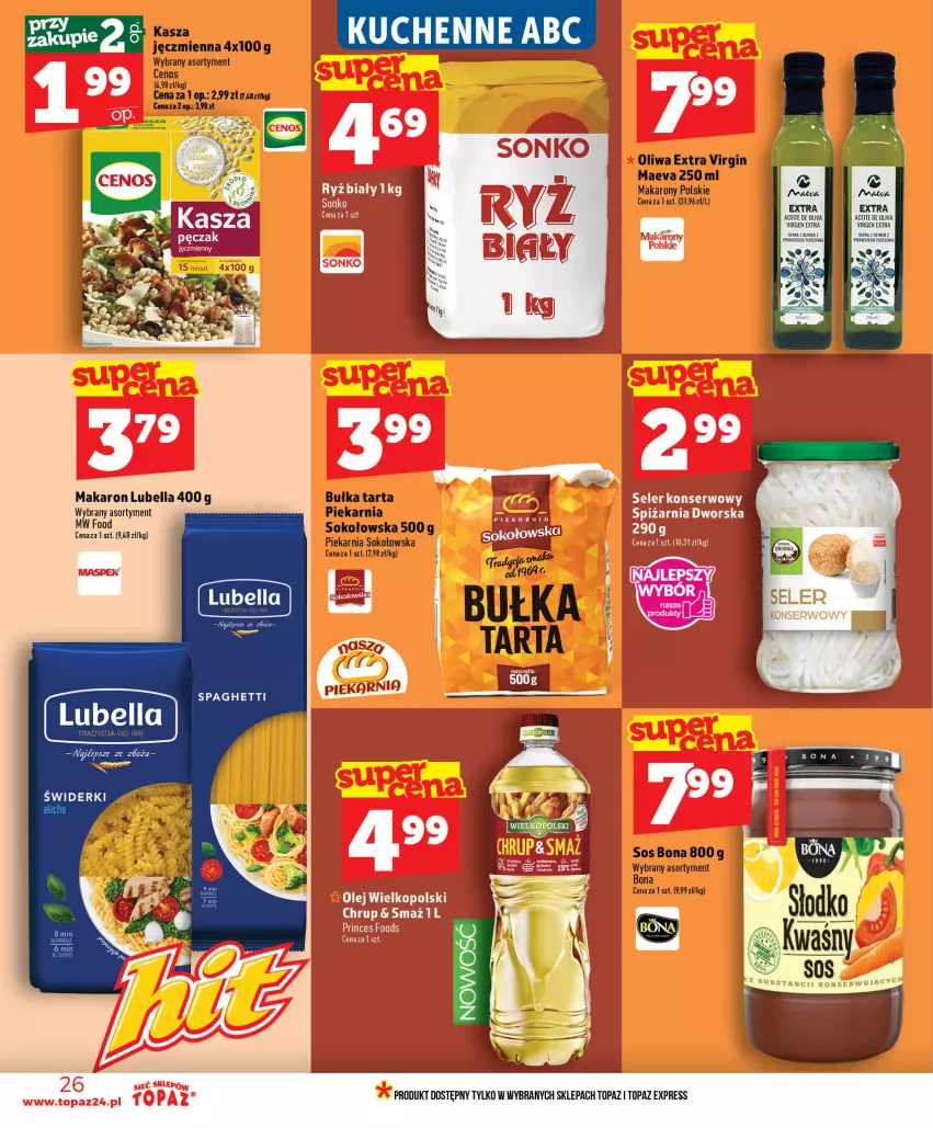 Gazetka promocyjna Topaz - Gazetka - ważna 25.06 do 01.07.2026 - strona 26 - produkty: Bell, Bella, Bułka, Bułka tarta, Cenos, Gin, Lubella, Makaron, Oliwa, Sok, Sos, Spaghetti, Tarta, Top