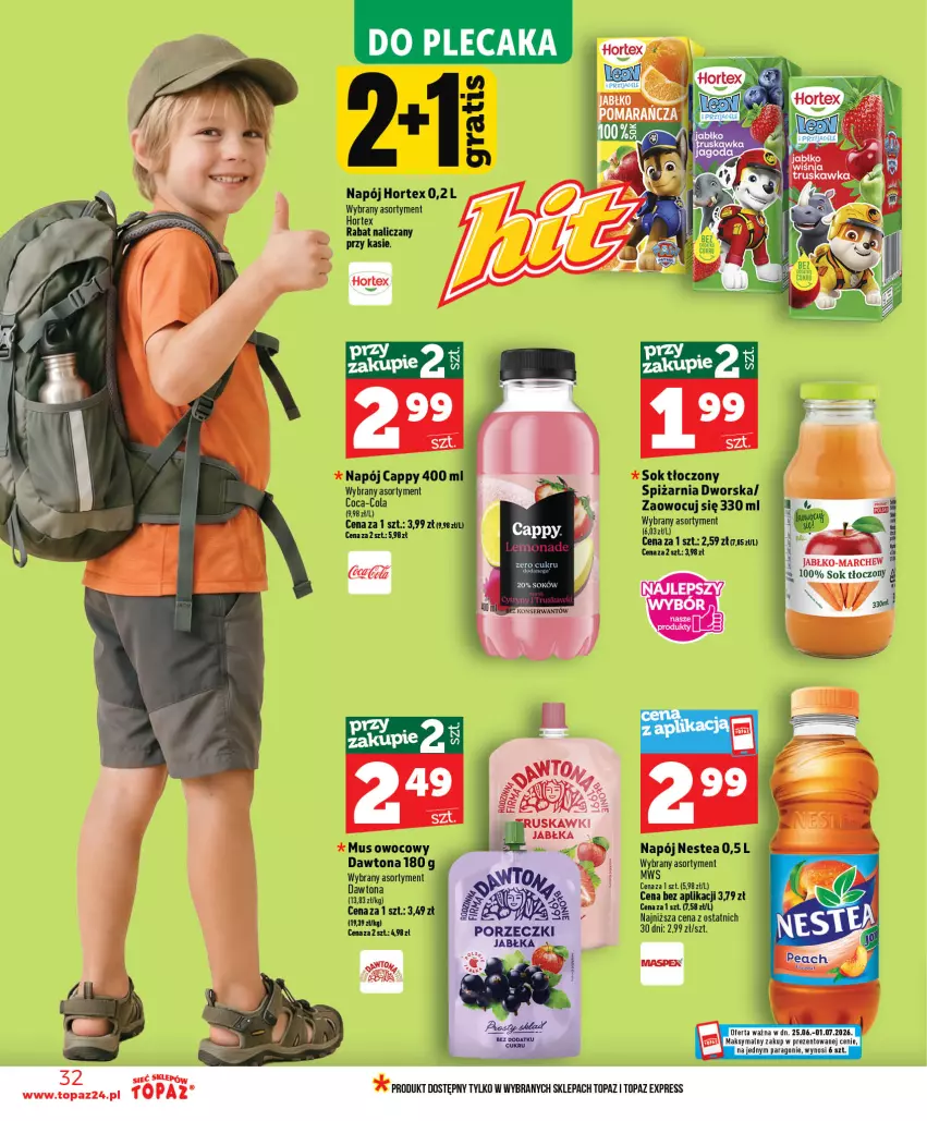 Gazetka promocyjna Topaz - Gazetka - ważna 25.06 do 01.07.2026 - strona 32 - produkty: Cappy, Dawtona, Hortex, Mus, Napój, Nestea, Sok