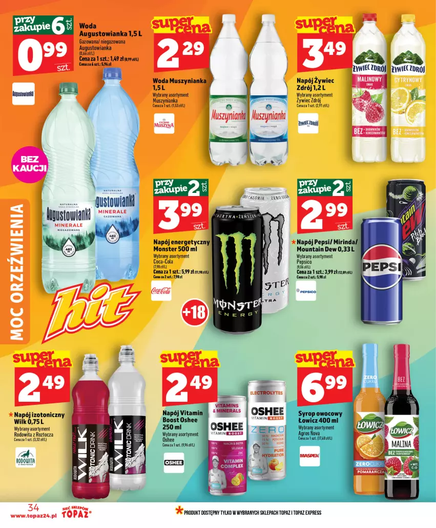 Gazetka promocyjna Topaz - Gazetka - ważna 25.06 do 01.07.2026 - strona 34 - produkty: Coca-Cola, Mirinda, Mus, Muszynianka, Napój, Napój energetyczny, Pepsi, Top, Vitamin napój, Woda, Woda mineralna