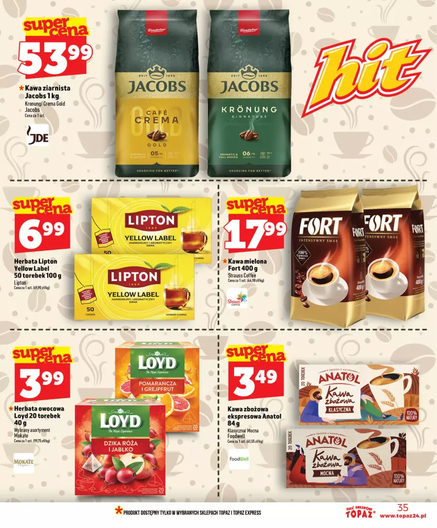 Gazetka promocyjna Topaz - Gazetka - ważna 25.06 do 01.07.2026 - strona 35 - produkty: Herbata, Herbata czarna, Herbata owocowa, Jacobs, Kawa, Kawa mielona, Lipton, Loyd, Top