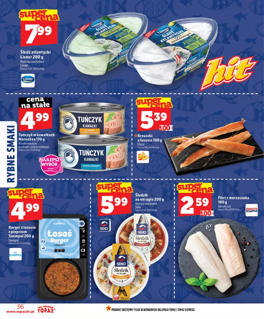 Gazetka promocyjna Topaz - Gazetka - ważna 25.06 do 01.07.2026 - strona 36 - produkty: Burger, Filet z morszczuka, Kawa, Mus, Olej, Pieprz, Sos, Suempol, Top, Tuńczyk