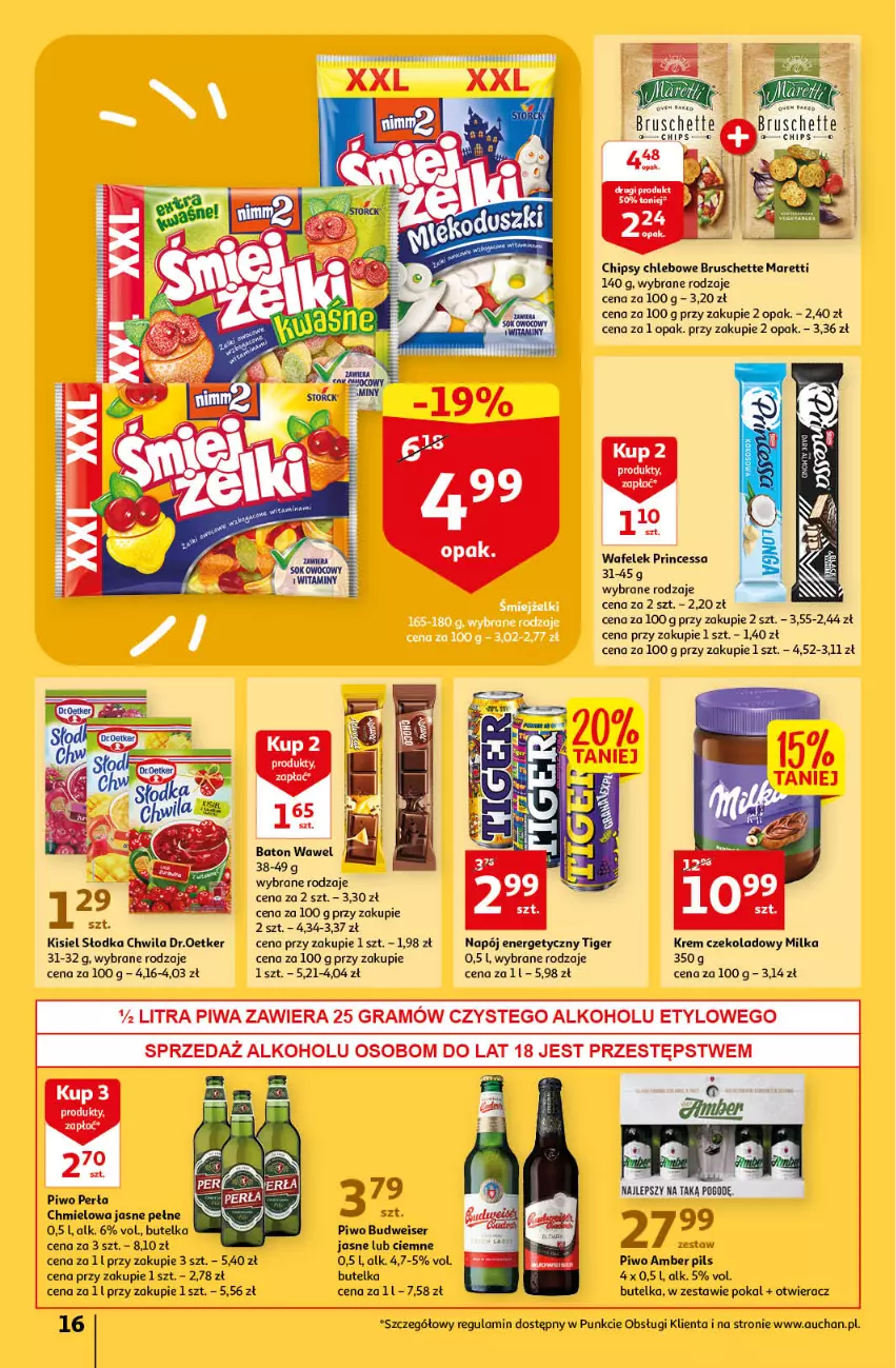 Gazetka promocyjna Auchan - Gazetka Koszyk Oszczędności Auchan Hipermarket - ważna 19.01 do 25.01.2023 - strona 16 - produkty: Baton, Bruschette, Chipsy, Chleb, EPEE, Gra, Kisiel, Milka, Napój, Napój energetyczny, Otwieracz, Perła, Piwa, Piwo, Princessa, Ser, Słodka Chwila, Tiger, Wafelek, Wawel