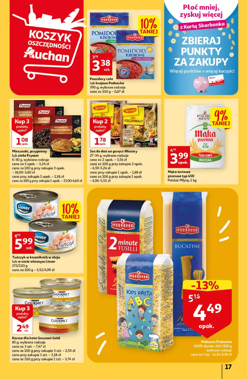 Gazetka promocyjna Auchan - Gazetka Koszyk Oszczędności Auchan Hipermarket - ważna 19.01 do 25.01.2023 - strona 17 - produkty: Gourmet Gold, Kawa, Lisner, Mąka, Mąka tortowa, Olej, Podravka, Polskie Młyny, Pomidory, Prymat, Przyprawy, Sos, Tuńczyk, Winiary