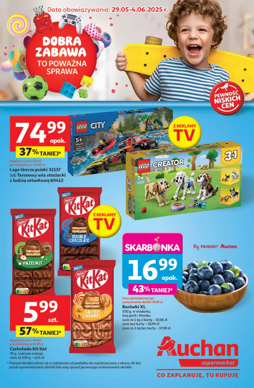 Gazetka promocyjna Auchan - Dobra Zabawa to Poważna Sprawa Supermarket - ważna 29.05 do 04.06.2025 - strona 1 - produkty: Czekolada, Kit Kat, LEGO, Wóz strażacki