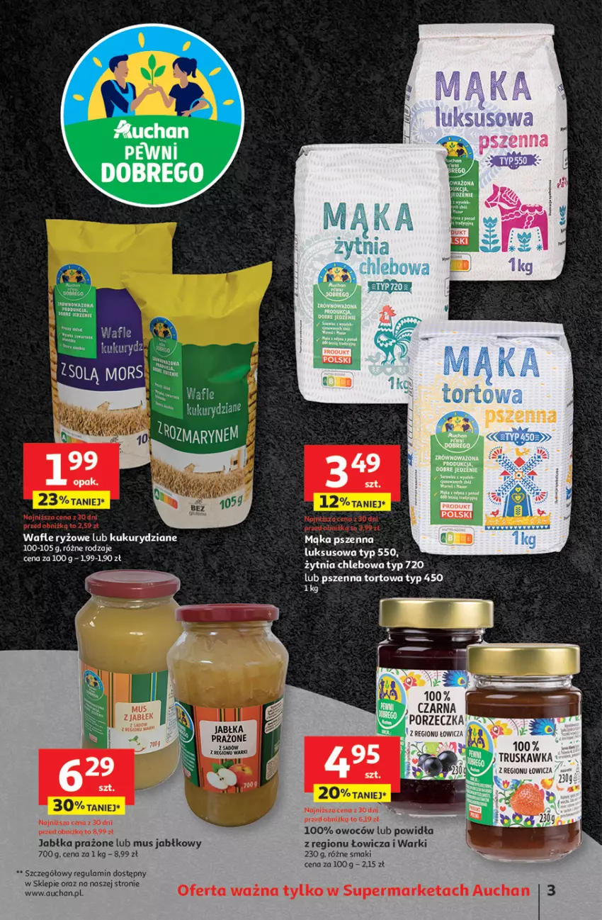 Gazetka promocyjna Auchan - Dobra Zabawa to Poważna Sprawa Supermarket - ważna 29.05 do 04.06.2025 - strona 3 - produkty: Jabłka, Jabłka prażone, Mąka, Mąka pszenna, Mus, Por, Ryż, Wafle