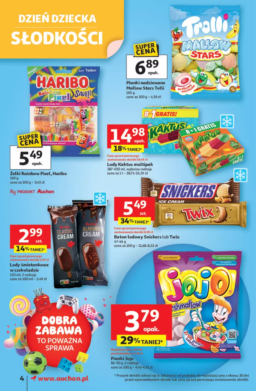 Gazetka promocyjna Auchan - Dobra Zabawa to Poważna Sprawa Supermarket - ważna 29.05 do 04.06.2025 - strona 4 - produkty: Baton, Haribo, Kaktus, LG, Lody, Snickers, Twix