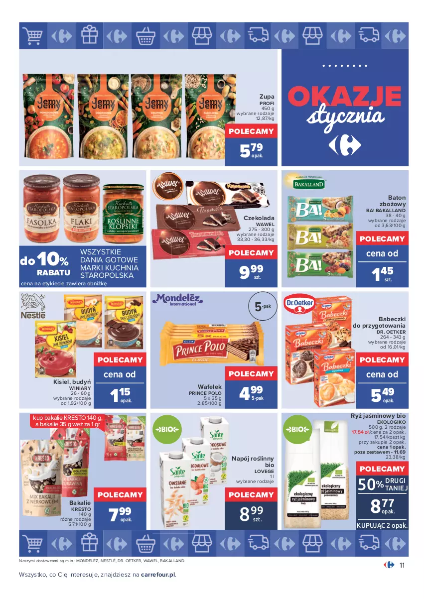 Gazetka promocyjna Carrefour - Gazetka Carrefour Okazje stycznia - ważna 03.01 do 31.01.2022 - strona 11 - produkty: Ba!, Babeczki, Bakalland, Baton, Budyń, Czekolada, Dania gotowe, Dr. Oetker, Kisiel, Kosz, Kuchnia, Kuchnia Staropolska, Napój, Napój roślinny, Nestlé, Prince Polo, Ryż, Wafelek, Wawel, Winiary, Zupa