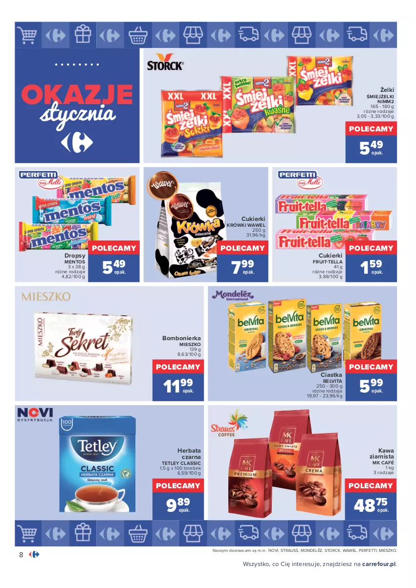 Gazetka promocyjna Carrefour - Gazetka Carrefour Okazje stycznia - ważna 03.01 do 31.01.2022 - strona 8 - produkty: BelVita, Ciastka, Cukier, Cukierki, Herbata, Herbata czarna, Kawa, Kawa ziarnista, Mentos, Nimm2, Tetley, Wawel