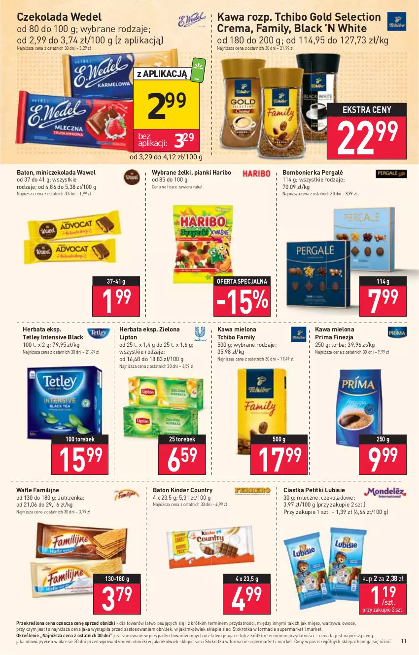 Gazetka promocyjna Stokrotka - Market - ważna 07.09 do 13.09.2023 - strona 16 - produkty: Baton, Ciastka, Czekolada, Fa, Haribo, Herbata, Jutrzenka, Kawa, Kawa mielona, Kinder, Lack, Lipton, Lubisie, Mięso, Owoce, Prima, Tchibo, Tchibo Family, Tetley, Torba, Wafle, Warzywa, Wawel