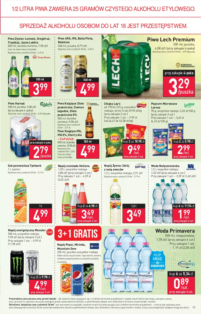 Gazetka promocyjna Stokrotka - Market - ważna 07.09 do 13.09.2023 - strona 18 - produkty: Chipsy, Gra, Harnaś, Hellena, Książęce, Lay’s, Lech Premium, Lorenz, Mięso, Mirinda, Nałęczowianka, Napój, Napój energetyczny, Oranżada, Owoce, Pepsi, Piwa, Piwo, Popcorn, Por, Prima, Primavera, Sok, Tymbark, Warzywa, Woda