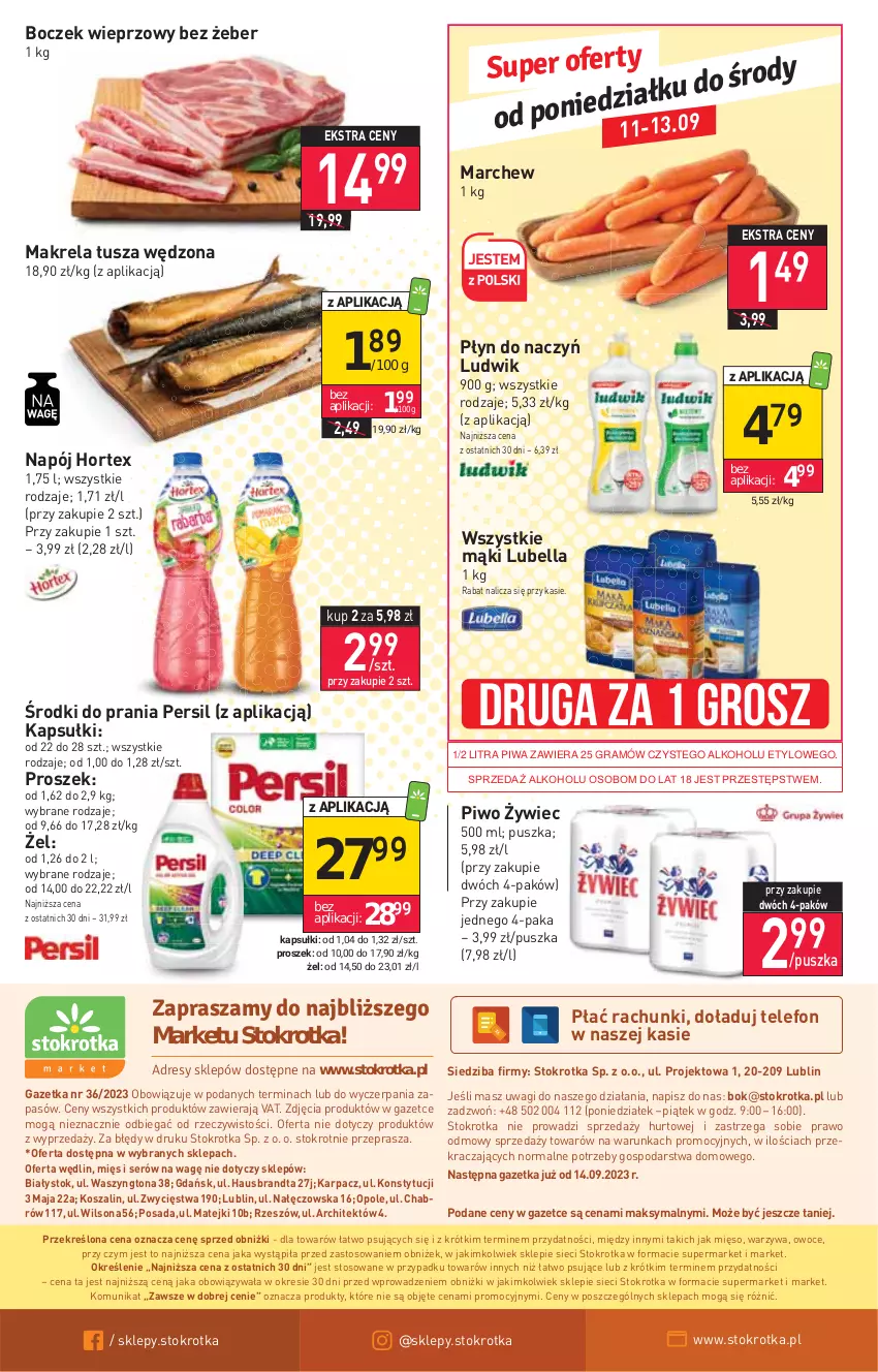 Gazetka promocyjna Stokrotka - Market - ważna 07.09 do 13.09.2023 - strona 21 - produkty: Bell, Bella, Boczek, Boczek wieprzowy, Gra, Hortex, Karp, Kosz, Lubella, Ludwik, Mięso, Napój, O nas, Owoce, Persil, Piwa, Piwo, Ser, Szal, Telefon, Tusz, Wagi, Warzywa, Wilson