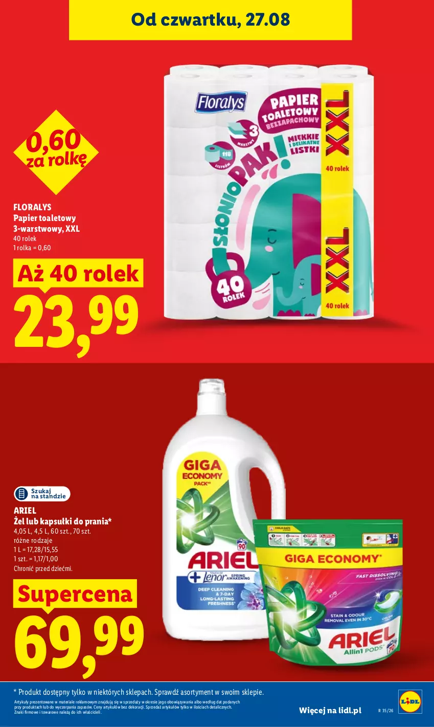 Gazetka promocyjna Lidl - Gazetka ważna od 27.08 do 30.08 - ważna 27.08 do 30.08.2026 - strona 27 - produkty: Ariel, Flora, Kapsułki do prania, Papier, Papier toaletowy