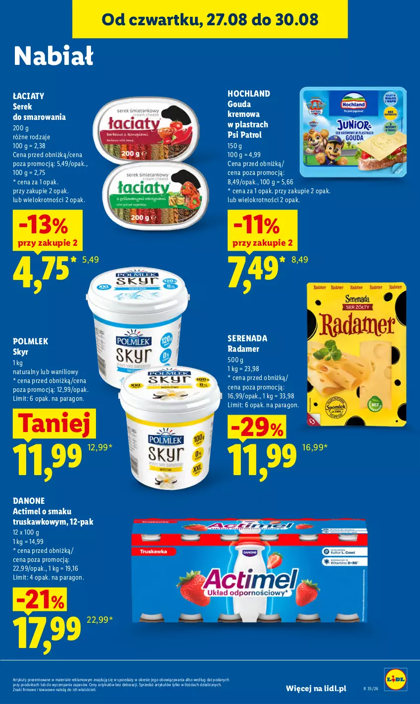 Gazetka promocyjna Lidl - Gazetka ważna od 27.08 do 30.08 - ważna 27.08 do 30.08.2026 - strona 53 - produkty: Actimel, Danone, Gouda, Hochland, POLMLEK, Psi Patrol, Radamer, Ser, Serek