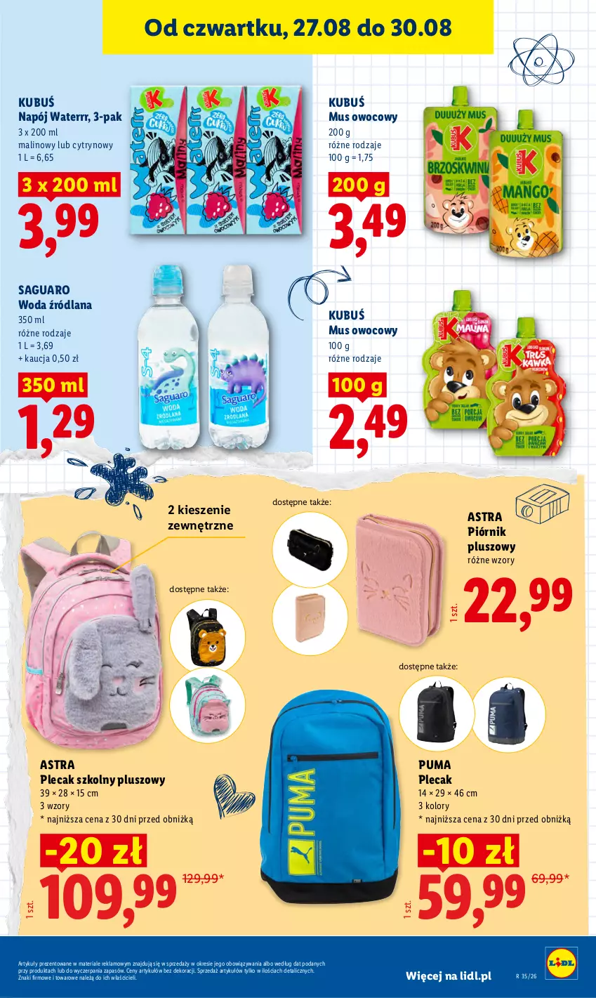 Gazetka promocyjna Lidl - Gazetka ważna od 27.08 do 30.08 - ważna 27.08 do 30.08.2026 - strona 61 - produkty: Kubuś, LANA, Mus, Napój, Piórnik, Plecak, Puma, Woda