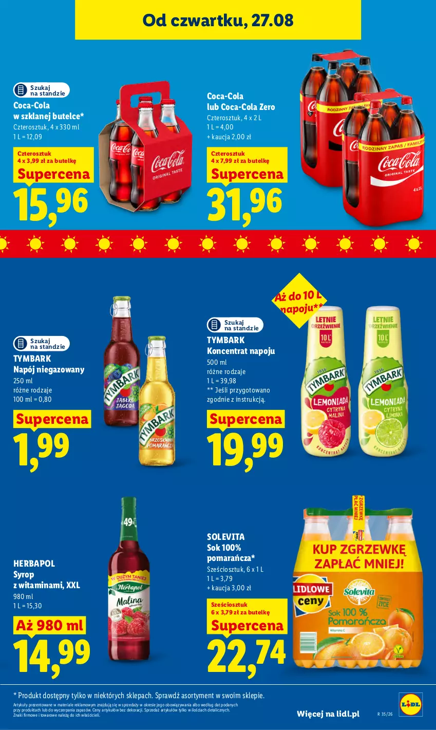 Gazetka promocyjna Lidl - Gazetka ważna od 27.08 do 30.08 - ważna 27.08 do 30.08.2026 - strona 63 - produkty: Coca-Cola, Herbapol, Napój, Napój niegazowany, Sok, Syrop, Tymbark