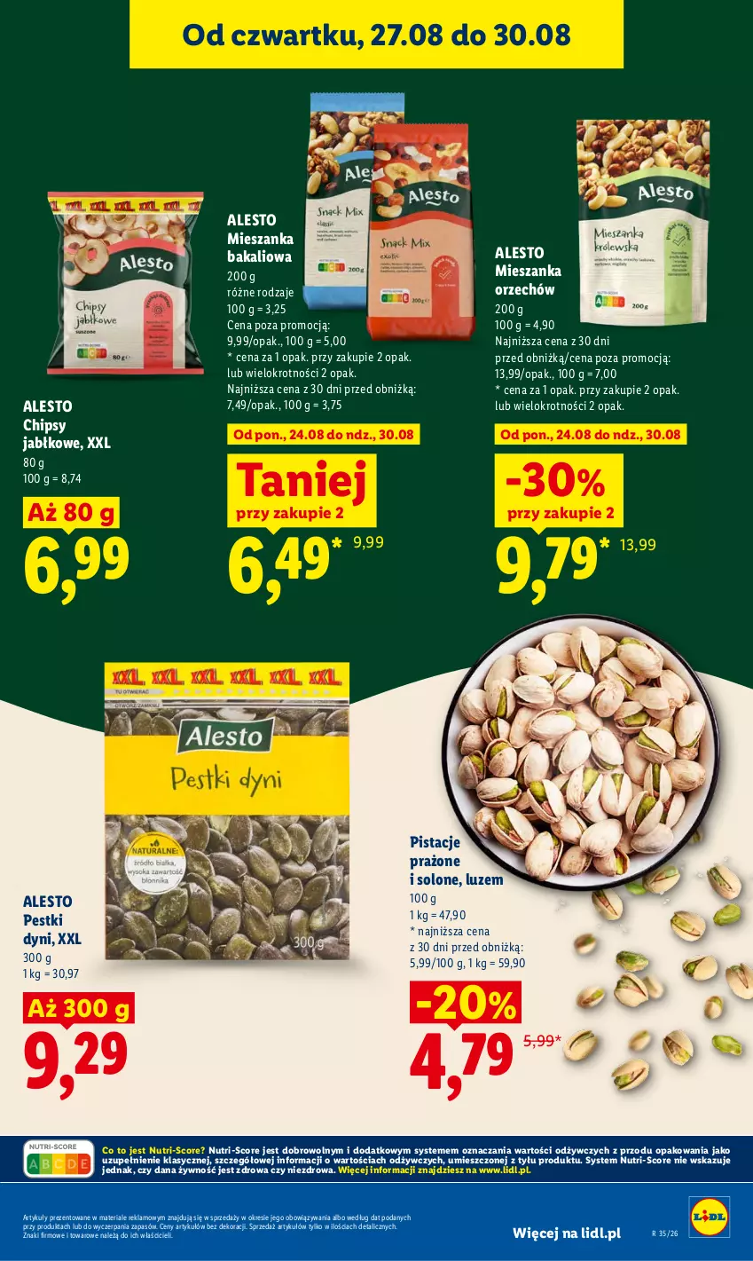 Gazetka promocyjna Lidl - Gazetka ważna od 27.08 do 30.08 - ważna 27.08 do 30.08.2026 - strona 69 - produkty: Chipsy, Mieszanka bakaliowa, Pestki dyni, Pistacje