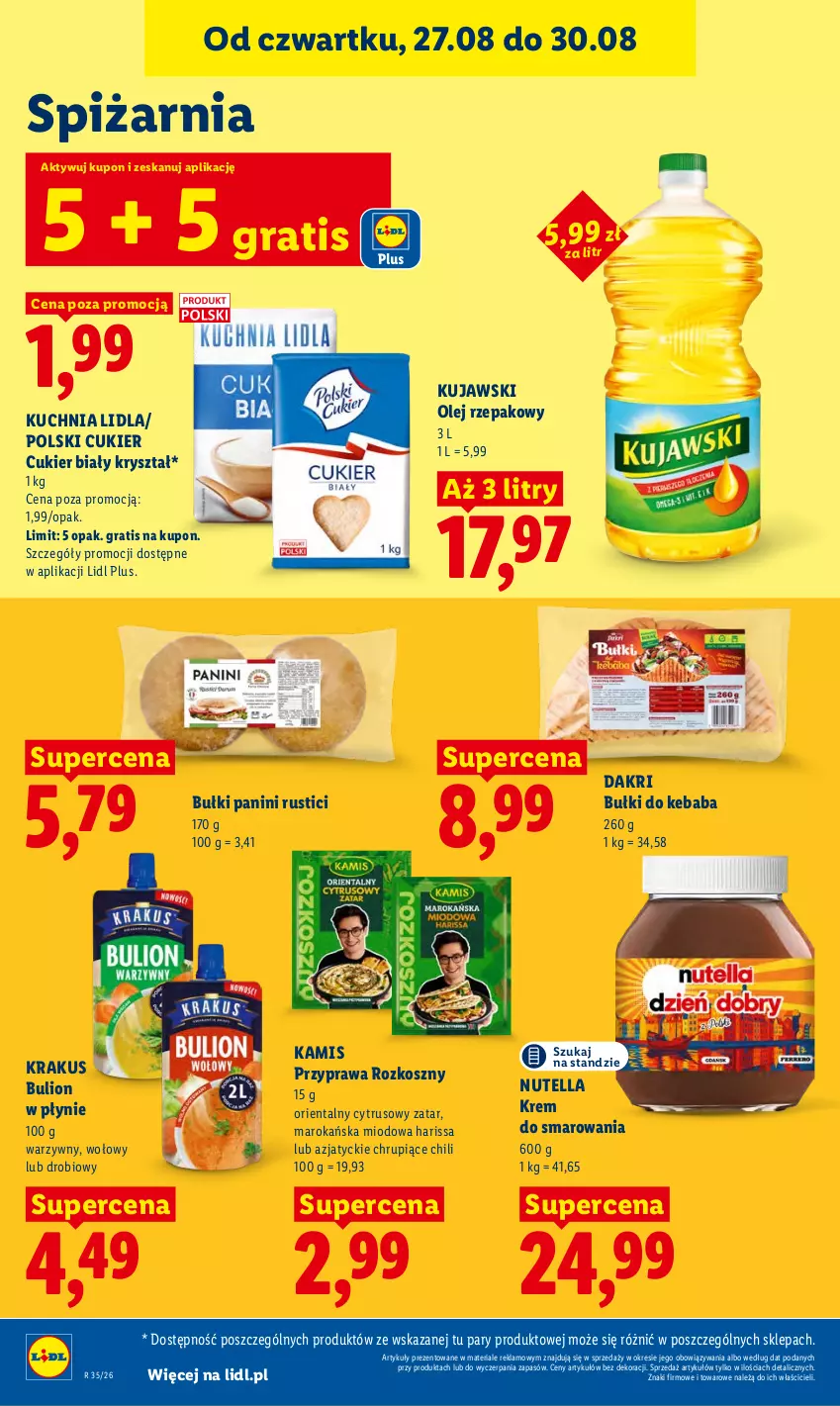Gazetka promocyjna Lidl - Gazetka ważna od 27.08 do 30.08 - ważna 27.08 do 30.08.2026 - strona 76 - produkty: Bulion, Cukier, Gra, Kamis, Kebab, Kosz, Krakus, Kuchnia, Kujawski, Lion, Nutella, Olej, Olej rzepakowy, Rust