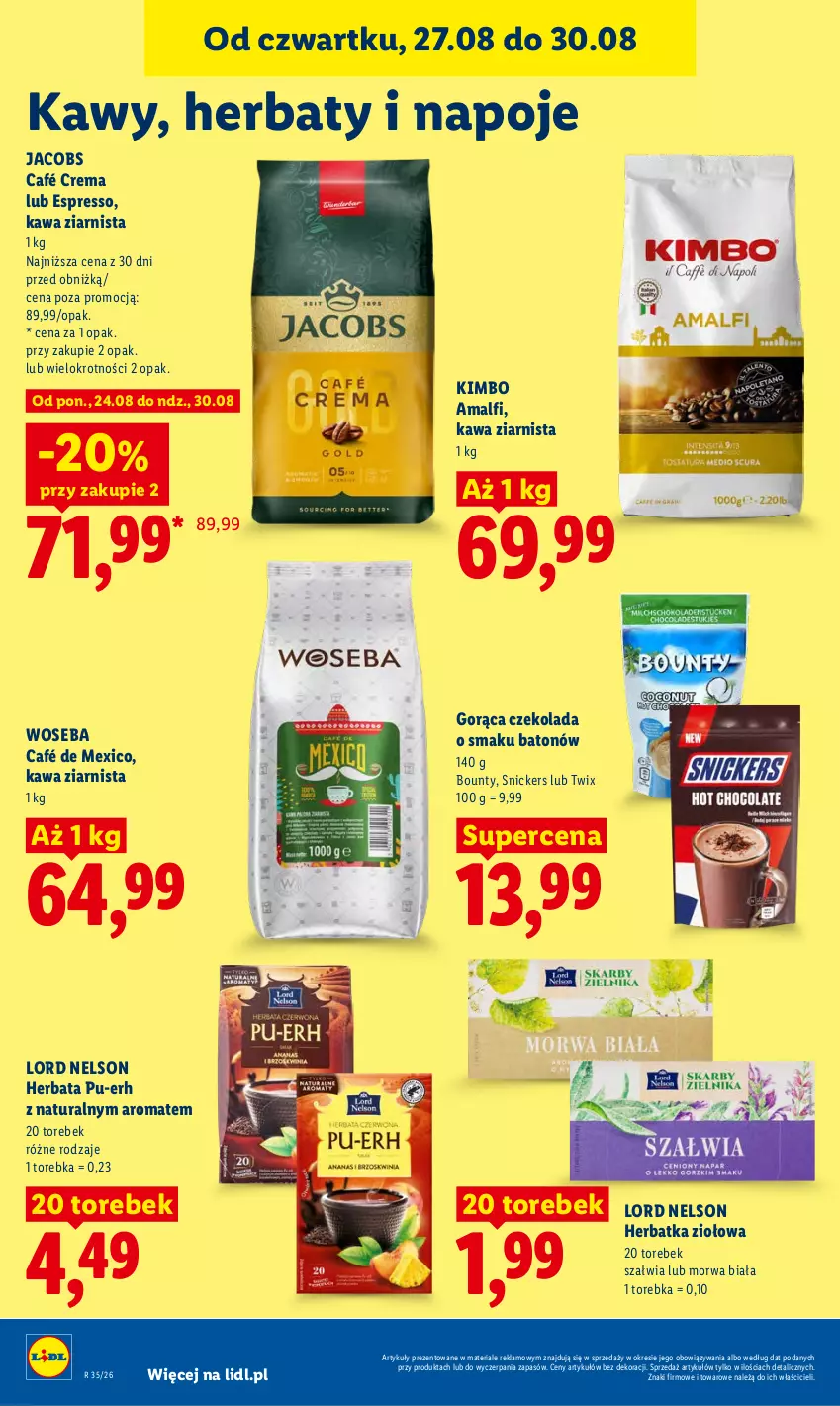 Gazetka promocyjna Lidl - Gazetka ważna od 27.08 do 30.08 - ważna 27.08 do 30.08.2026 - strona 78 - produkty: Baton, Bounty, Czekolada, Herbata, Jacobs, Kawa, Kawa ziarnista, Napoje, Snickers, Torebka, Twix, Woseba