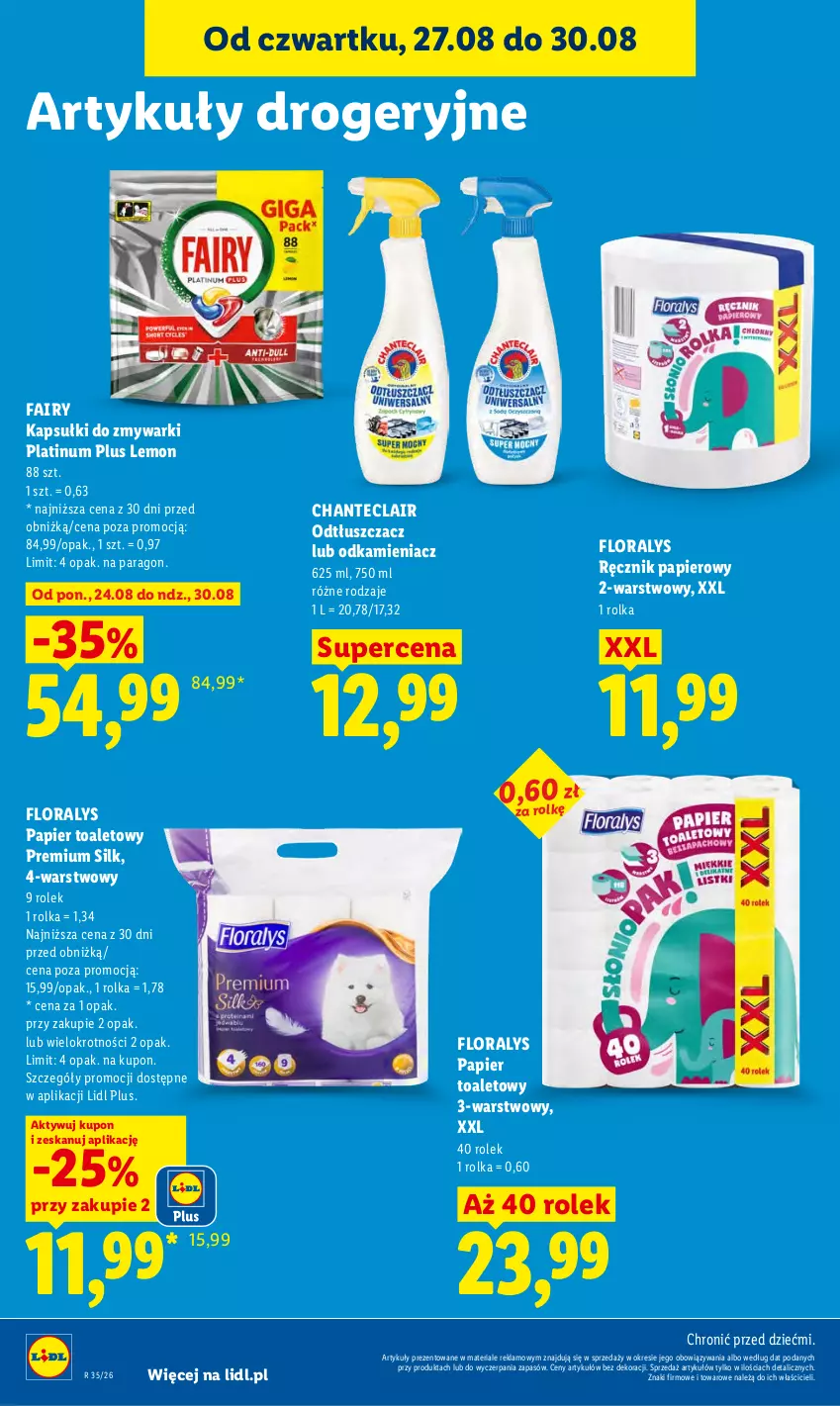 Gazetka promocyjna Lidl - Gazetka ważna od 27.08 do 30.08 - ważna 27.08 do 30.08.2026 - strona 84 - produkty: Fa, Fairy, Flora, Odkamieniacz, Odtłuszczacz, Papier, Papier toaletowy, Ręcznik, Zmywarki