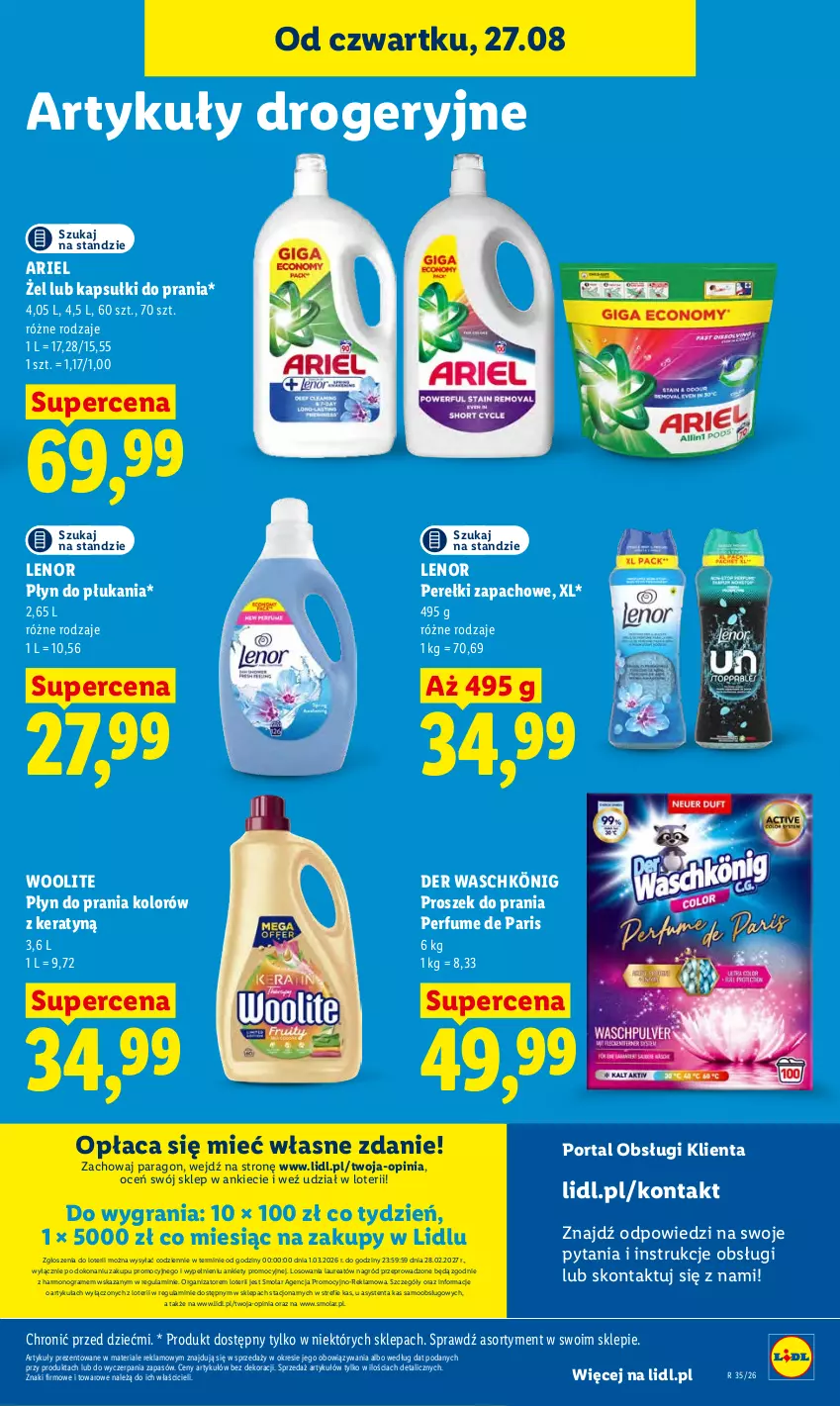 Gazetka promocyjna Lidl - Gazetka ważna od 27.08 do 30.08 - ważna 27.08 do 30.08.2026 - strona 85 - produkty: Ariel, Gra, Kapsułki do prania, König, Laur, Lenor, Mola, Perełki zapachowe, Perfum, Płyn do płukania, Płyn do prania, Por, Portal, Proszek do prania, Woolite