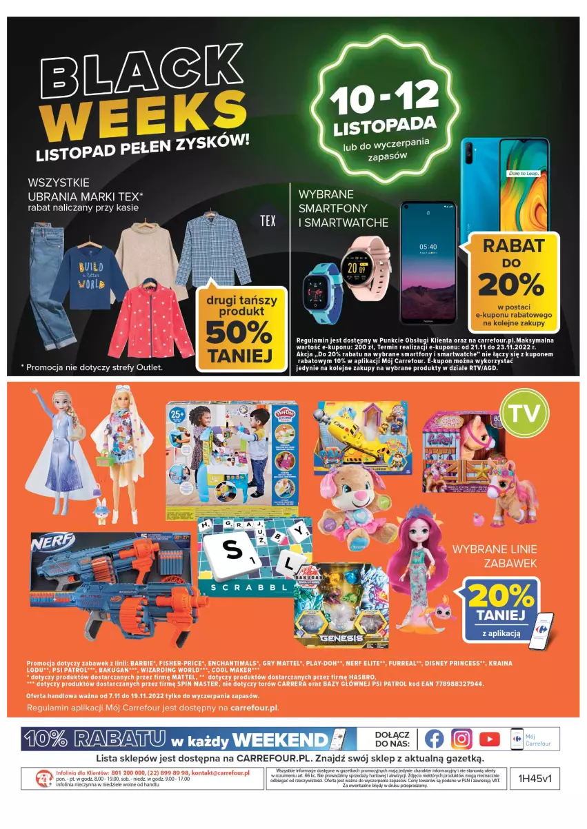 Gazetka promocyjna Carrefour - Gazetka Carrefour - ważna 08.11 do 19.11.2022 - strona 39 - produkty: Barbie, Carrera, Disney, Enchantimals, Fa, Fisher-Price, Gry, Hasbro, Mattel, Nerf, Olej, Play-Doh, Psi Patrol, Smartfon, Smartwatch, Top, Ubrania