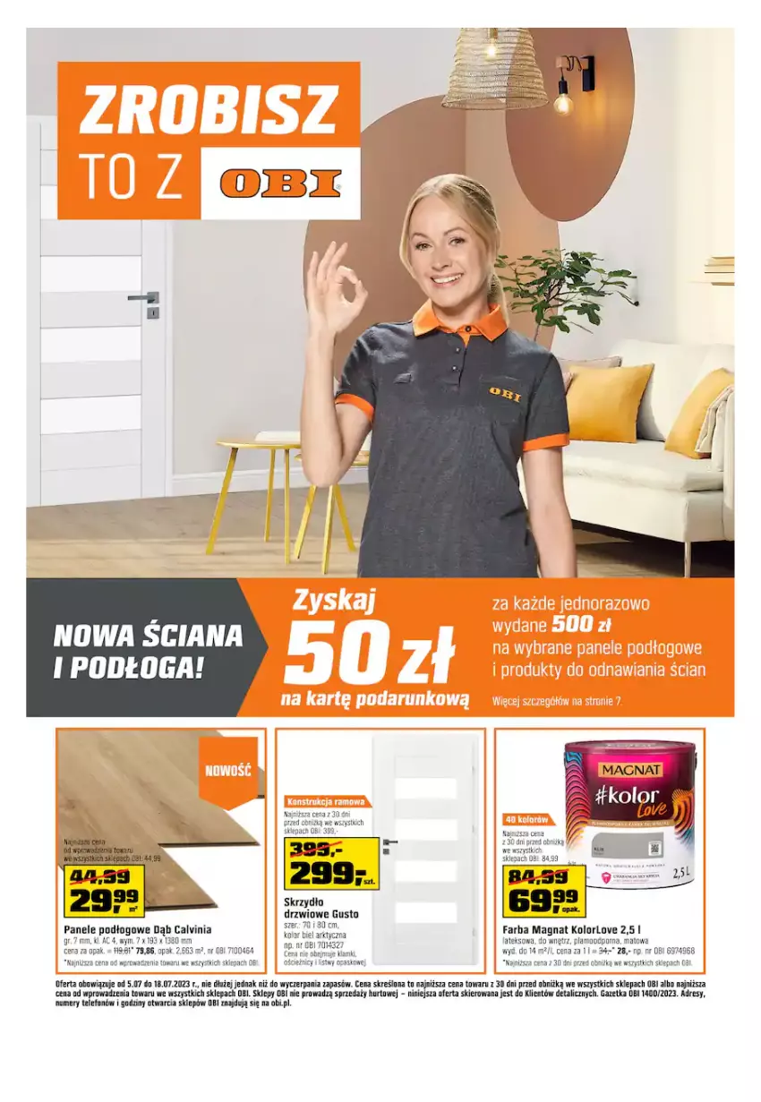 Gazetka promocyjna Obi - Gazetka OBI - ważna 05.07 do 18.07.2023 - strona 1 - produkty: Dres, Drzwi, Fa, Telefon