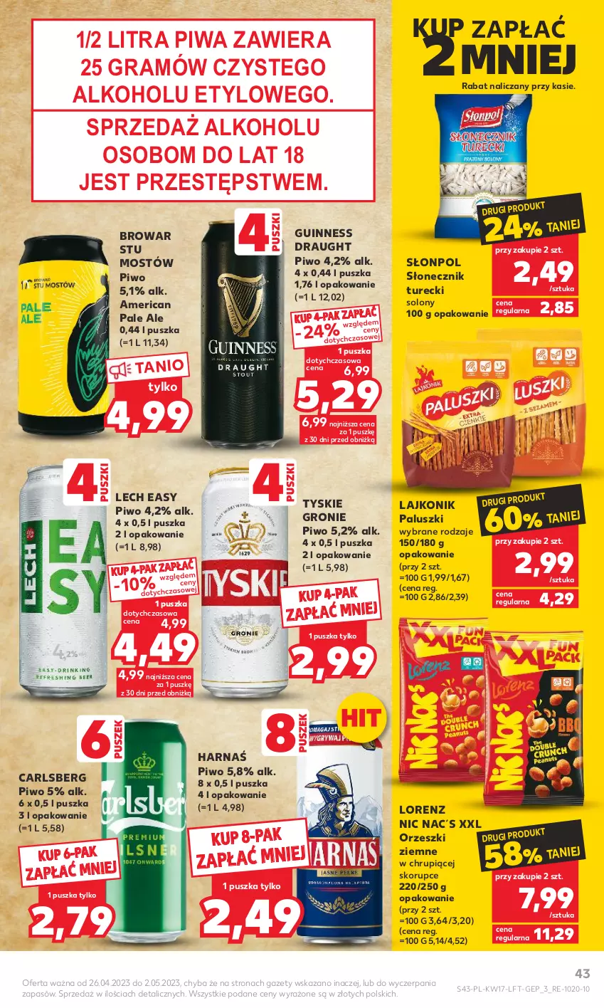 Gazetka promocyjna Kaufland - Gazetka tygodnia - ważna 26.04 do 02.05.2023 - strona 43 - produkty: Carlsberg, Gra, Harnaś, Lajkonik, Lorenz, Orzeszki, Piwa, Piwo, Słonecznik turecki, Słonpol, Tyskie