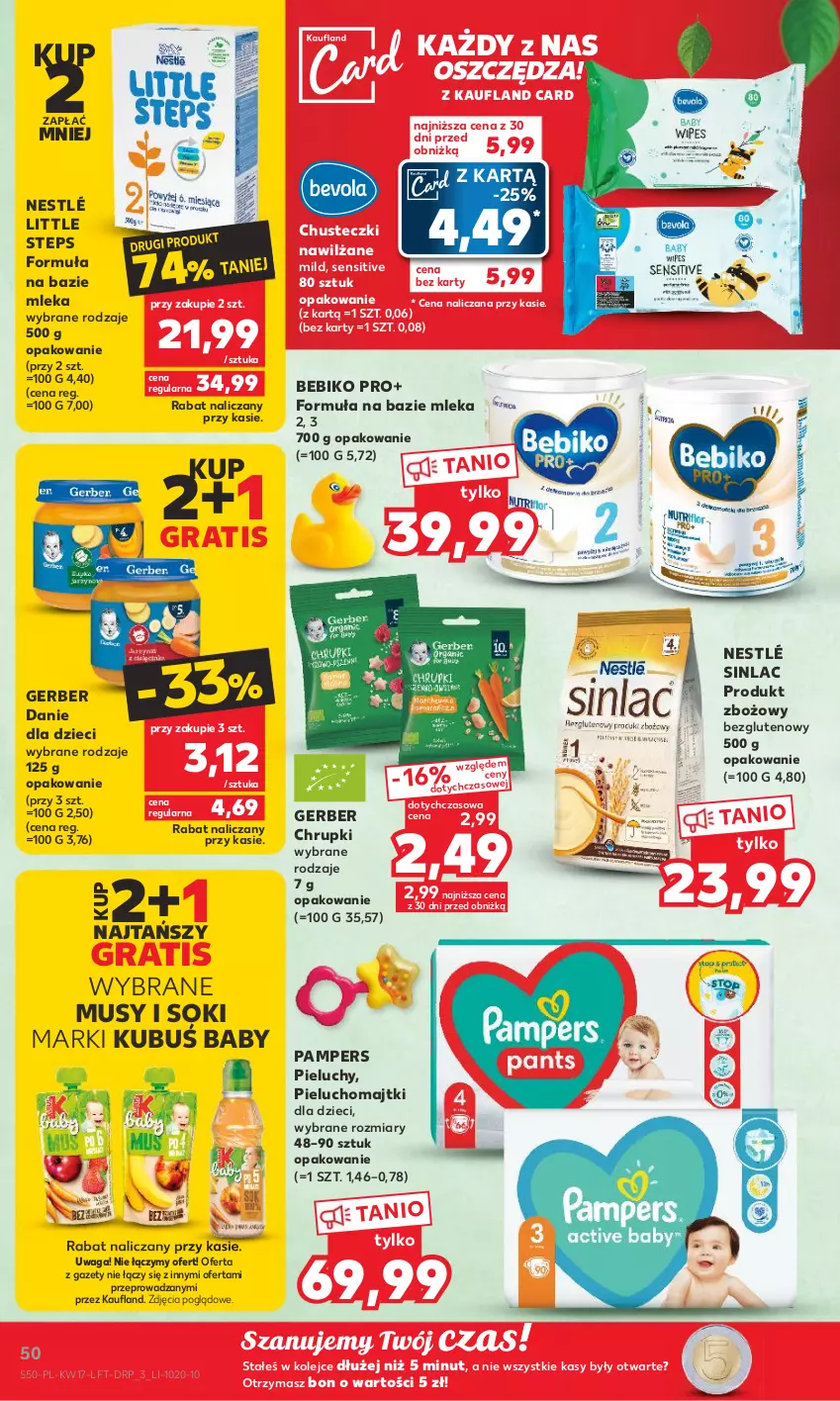 Gazetka promocyjna Kaufland - Gazetka tygodnia - ważna 26.04 do 02.05.2023 - strona 50 - produkty: Bebiko, Chrupki, Chusteczki, Danie dla dzieci, Dzieci, Gerber, Gra, Kubuś, Majtki, Mus, Nestlé, Olej, Pampers, Pieluchomajtki, Pieluchy, Sinlac, Sok, Waga