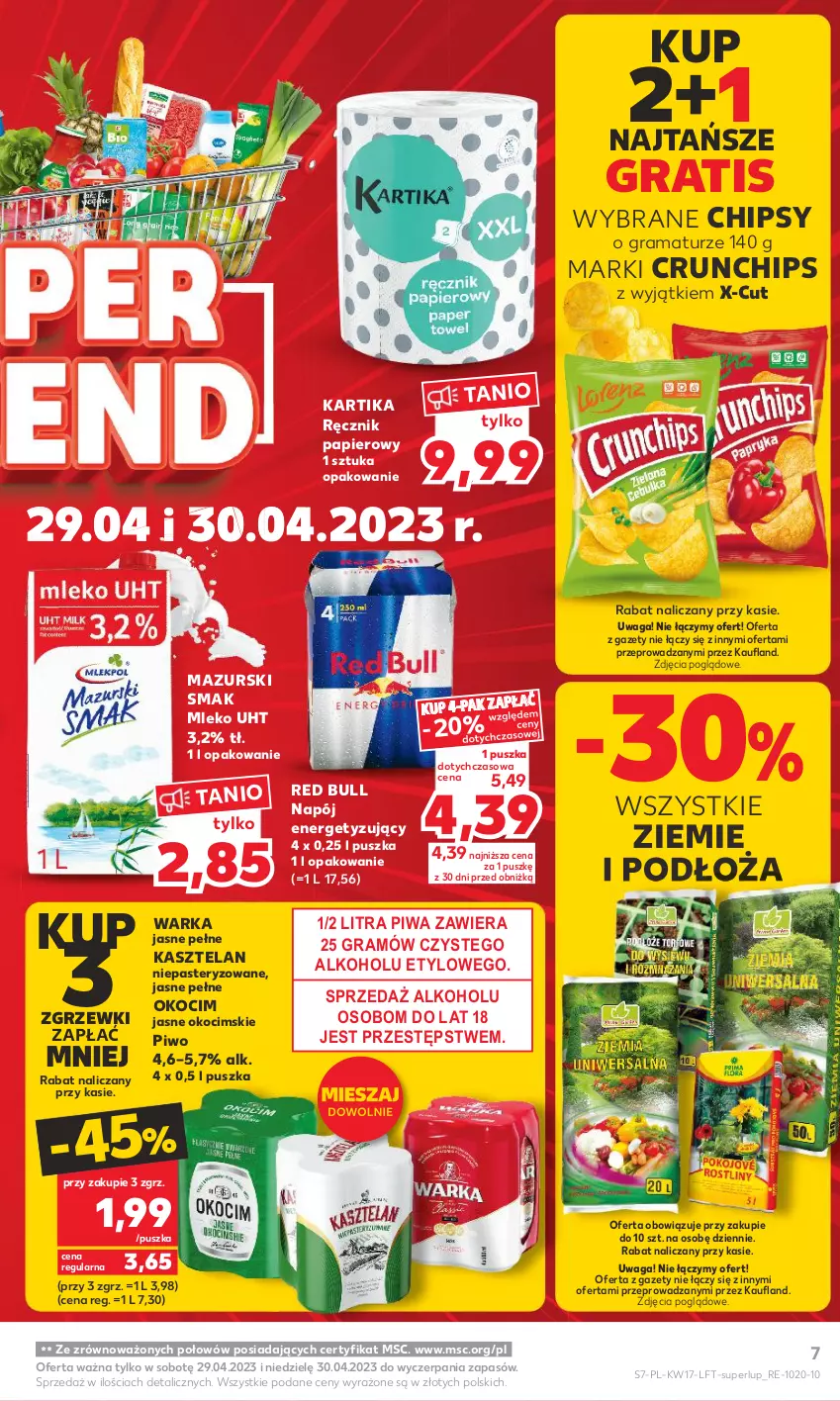 Gazetka promocyjna Kaufland - Gazetka tygodnia - ważna 26.04 do 02.05.2023 - strona 7 - produkty: Chipsy, Crunchips, Gra, Kasztelan, Koc, Mleko, Napój, Okocim, Papier, Piwa, Piwo, Rama, Ręcznik, Red Bull, Waga, Warka