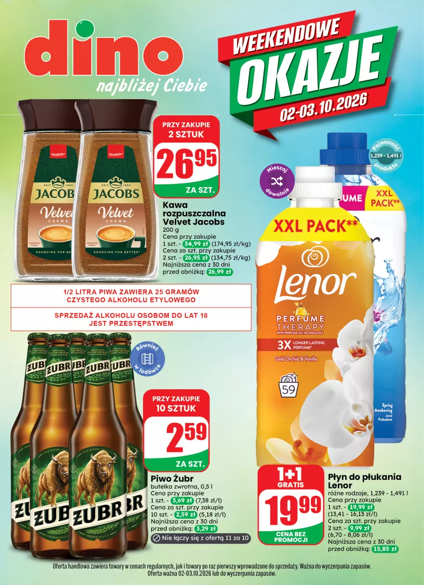 Gazetka promocyjna Dino - Weekendowe okazje - ważna 02.10 do 03.10.2026 - strona 1 - produkty: Jacobs, Kawa, Kawa rozpuszczalna, Lenor, Piwo, Płyn do płukania, Velvet