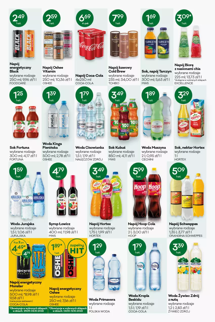 Gazetka promocyjna Groszek - ważna 15.09 do 27.09.2022 - strona 10 - produkty: Chia, Cisowianka, Coca-Cola, Fortuna, Gin, Hoop, Hortex, Kubuś, Mus, Napój, Napój energetyczny, Nektar, Oshee, Panda, Prima, Primavera, Schweppes, Sok, Syrop, Szyna, Tchibo, Woda