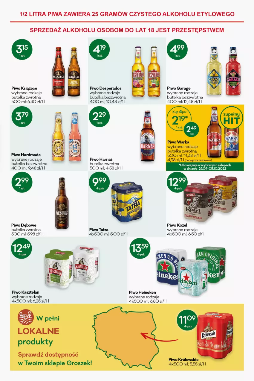 Gazetka promocyjna Groszek - ważna 15.09 do 27.09.2022 - strona 11 - produkty: Desperados, Gra, Groszek, Harnaś, Heineken, Kasztelan, Kozel, Królewski, Książęce, Piwa, Piwo, Tatra, Warka