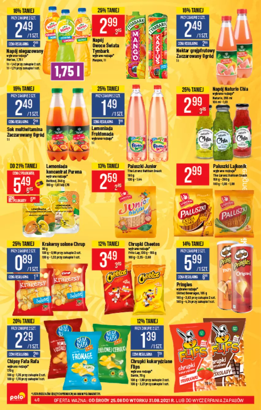 Gazetka promocyjna PoloMarket - Gazetka pomocyjna - ważna 25.08 do 31.08.2021 - strona 46 - produkty: Cheetos, Chia, Chrupki, Lajkonik, Napój, Napój niegazowany, Por, Pur, Tran