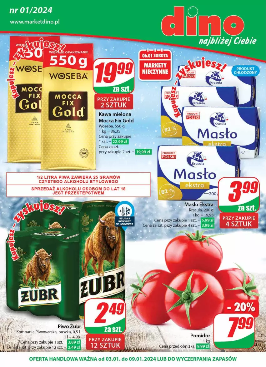 Gazetka promocyjna Dino - Gazetka 1 - ważna 04.01 do 05.01.2024 - strona 1 - produkty: JBL, Kawa, Kawa mielona, Masło, Mocca Fix Gold, Piwo, Woseba