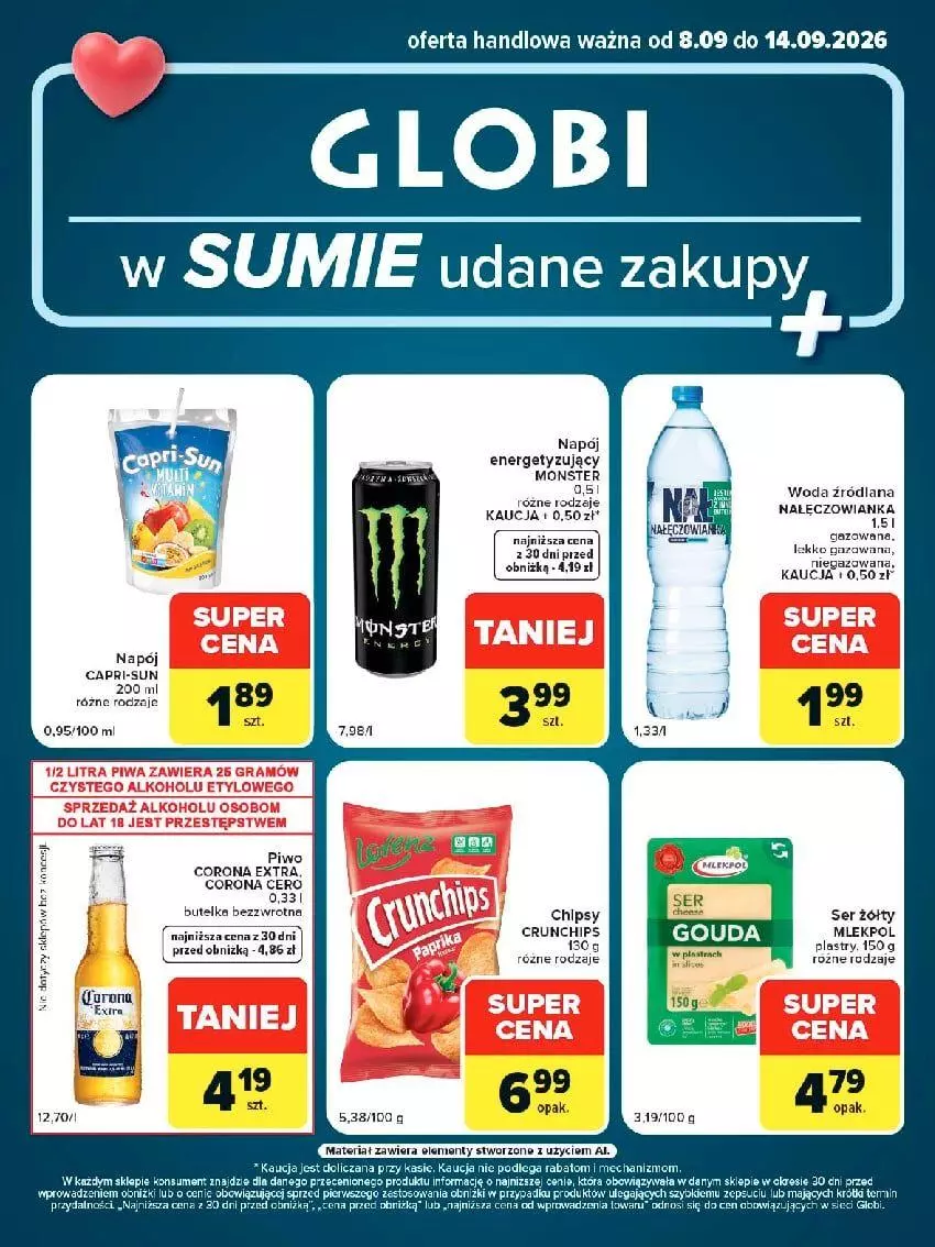 Gazetka promocyjna Carrefour - Gazetka Globi w SUMIE udane zakupy - ważna 08.09 do 14.09.2026 - strona 1 - produkty: Chipsy, Corona Extra, Crunchips, Gra, LANA, Napój, Piwa, Piwo