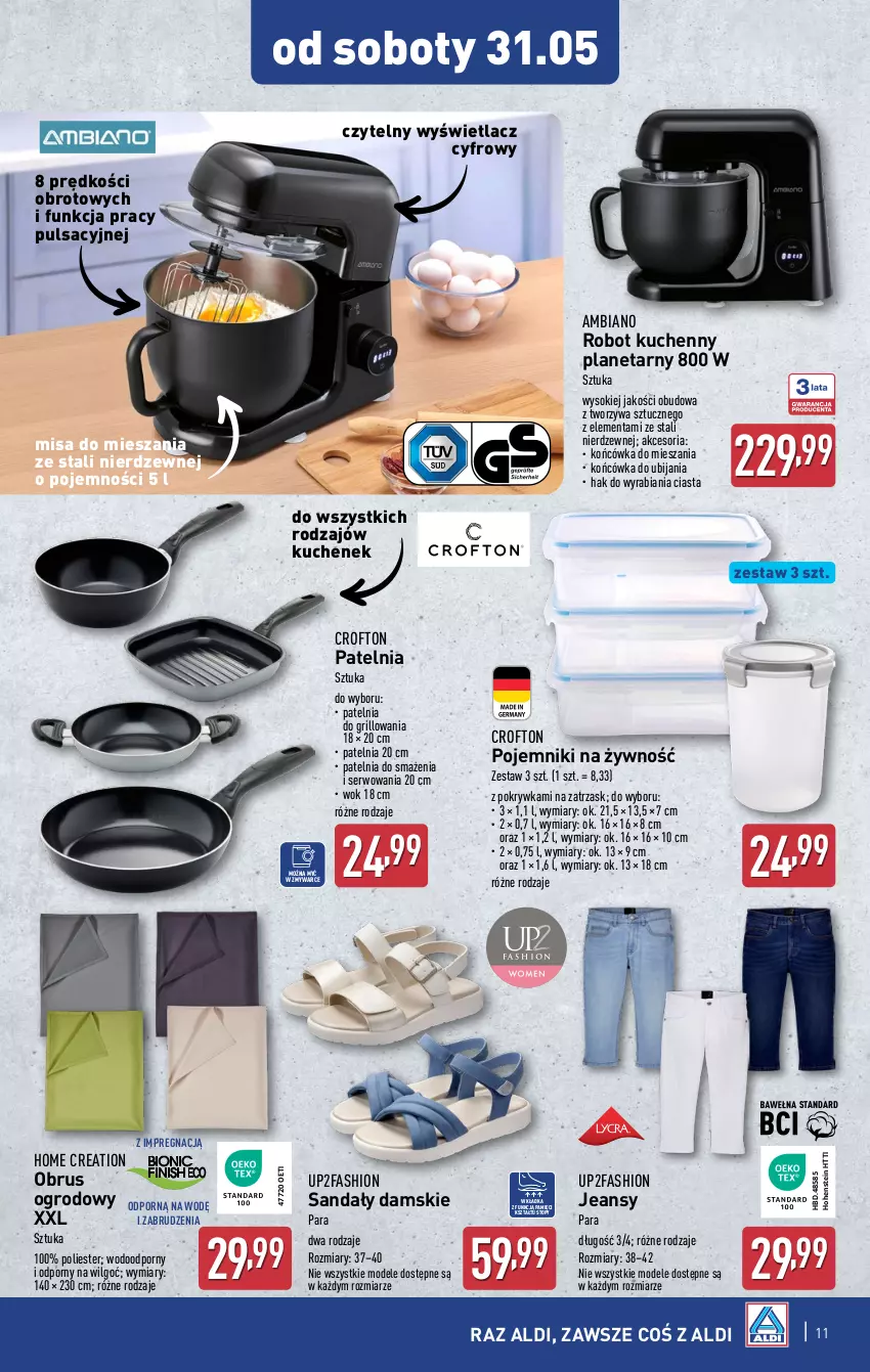 Gazetka promocyjna Aldi - Artykuły przemysłowe i tekstylia - ważna 28.05 do 31.05.2025 - strona 11 - produkty: Fa, Grill, LG, Obrus, Patelnia, Pojemnik, Por, Robot, Sandał, Ser, Sok, Top