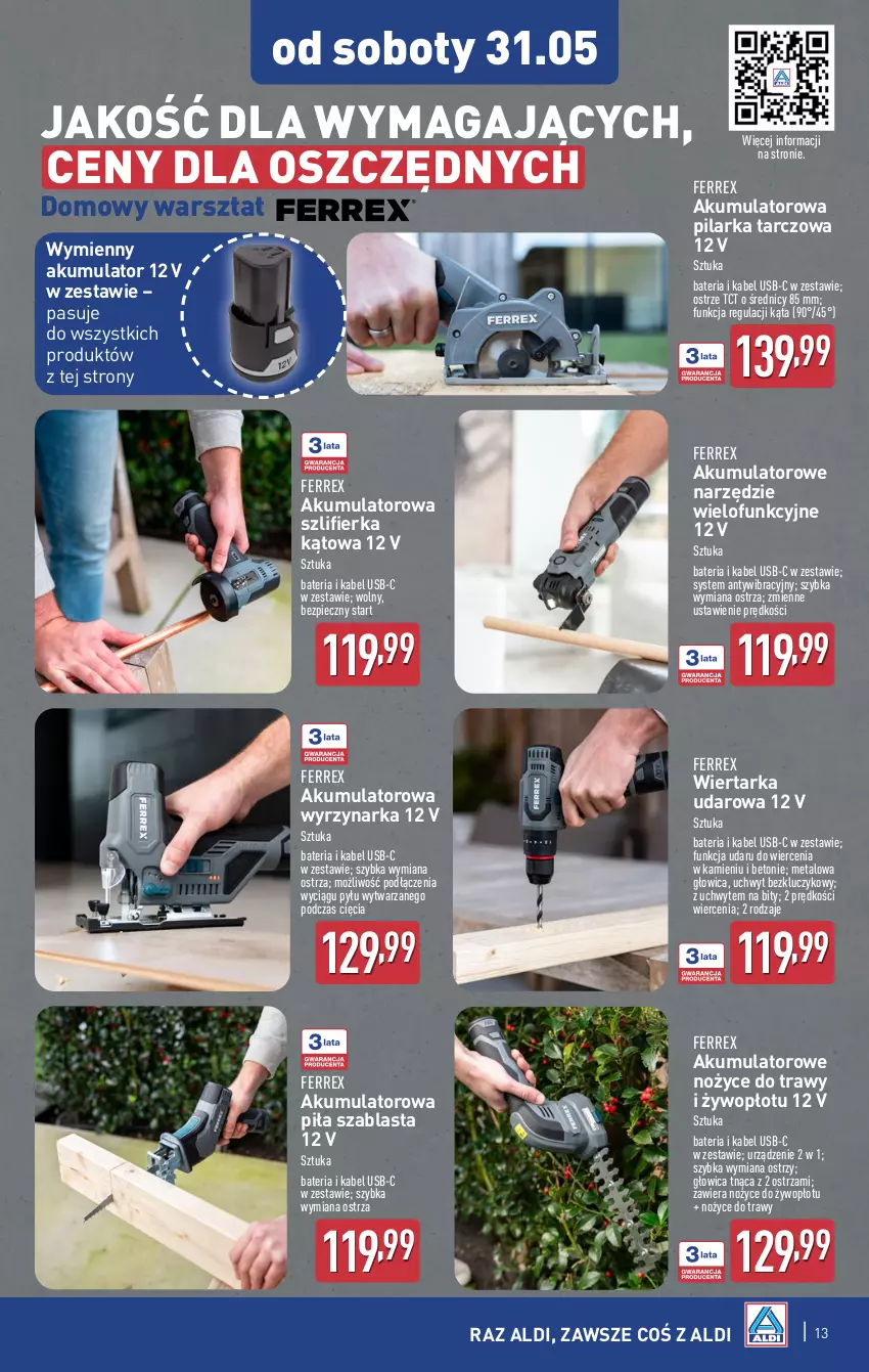 Gazetka promocyjna Aldi - Artykuły przemysłowe i tekstylia - ważna 28.05 do 31.05.2025 - strona 13 - produkty: Akumulator, Bateria, Kabel USB, Noż, Nożyce, Piec, Pilarka tarczowa, Szlifierka, Szlifierka kątowa, Tarka, Wiertarka, Wiertarka udarowa, Wyrzynarka