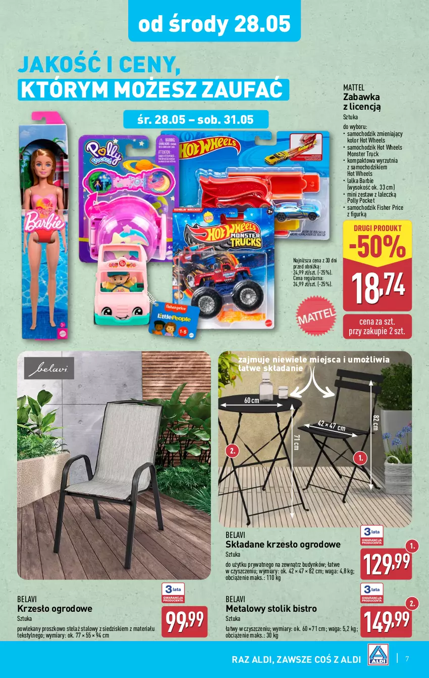 Gazetka promocyjna Aldi - Artykuły przemysłowe i tekstylia - ważna 28.05 do 31.05.2025 - strona 7 - produkty: Barbie, Chodzik, Fa, Hot Wheels, Krzesło, Krzesło ogrodowe, Lalka, Mattel, Monster truck, Polly Pocket, Samochodziki, Sok, Stolik, Waga, Wyrzutnia, Zabawka