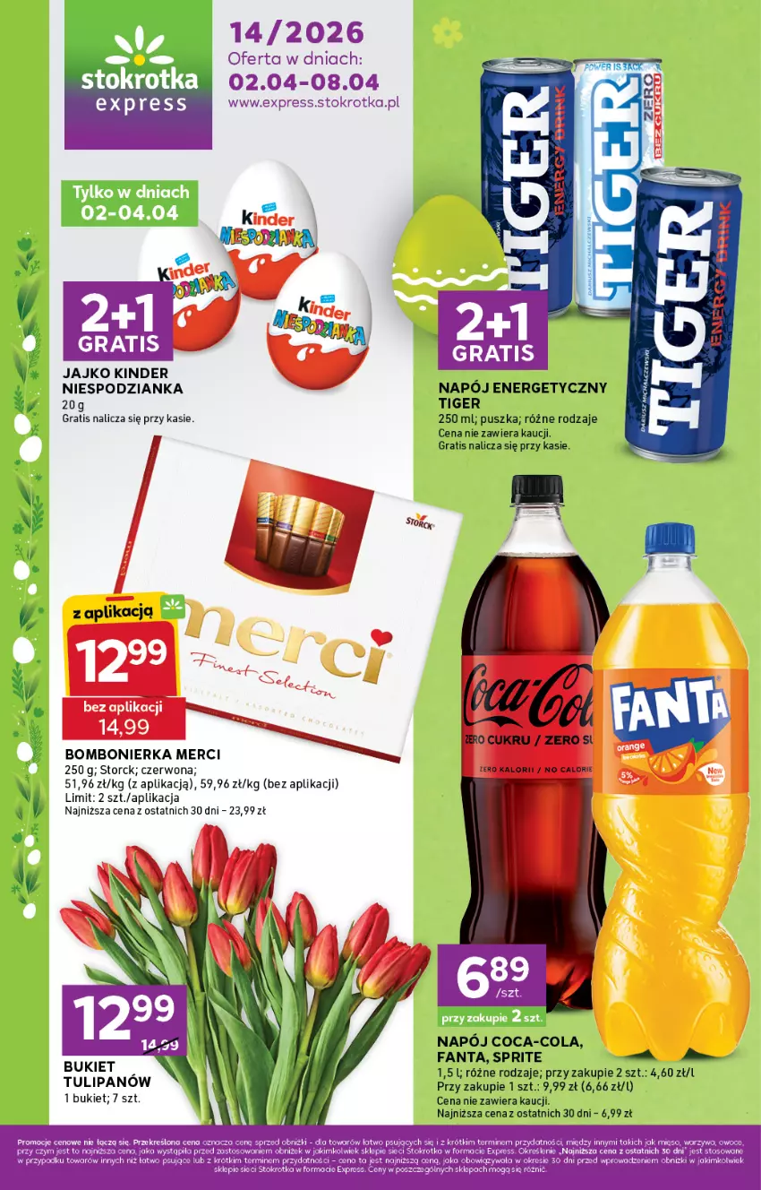 Gazetka promocyjna Stokrotka - Stokrotka Express - ważna 02.04 do 08.04.2026 - strona 1 - produkty: Bukiet, Coca-Cola, Fa, Fanta, Gra, Kinder, Merci, Mięso, Napój, Napój energetyczny, Sos, Sprite, Tiger, Tulipan
