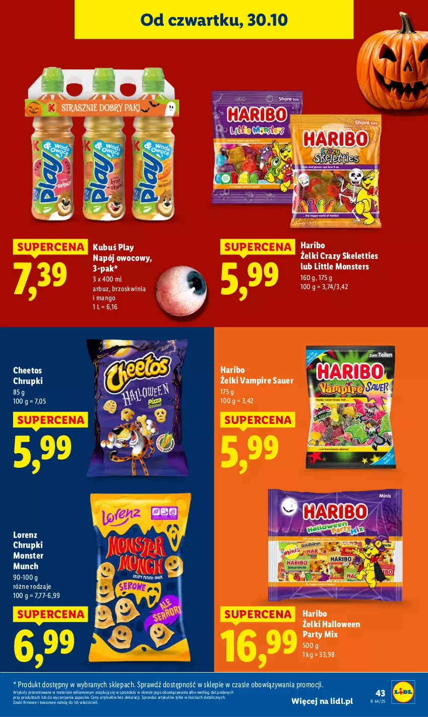 Gazetka promocyjna Lidl - GAZETKA - ważna 30.10 do 31.10.2025 - strona 45 - produkty: Arbuz, Cheetos, Chrupki, Haribo, Kubuś, Lorenz, Mango, Monster Munch, Napój