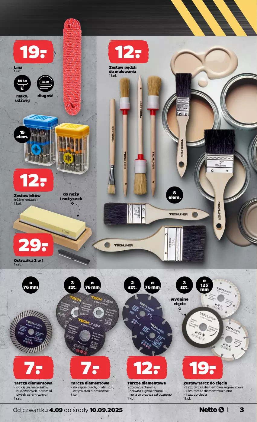 Gazetka promocyjna Netto - Od Czwartku Przemysłowa - ważna 04.09 do 10.09.2025 - strona 3 - produkty: Dźwig, Noż, Tarcza diamentowa, Zestaw pędzli