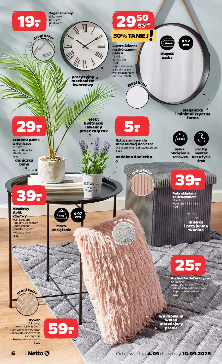 Gazetka promocyjna Netto - Od Czwartku Przemysłowa - ważna 04.09 do 10.09.2025 - strona 6 - produkty: Dywan, Fa, Lustro, Palma, Poduszka, Poduszka dekoracyjna, Puf, Stolik, Stolik kawowy, Zegar