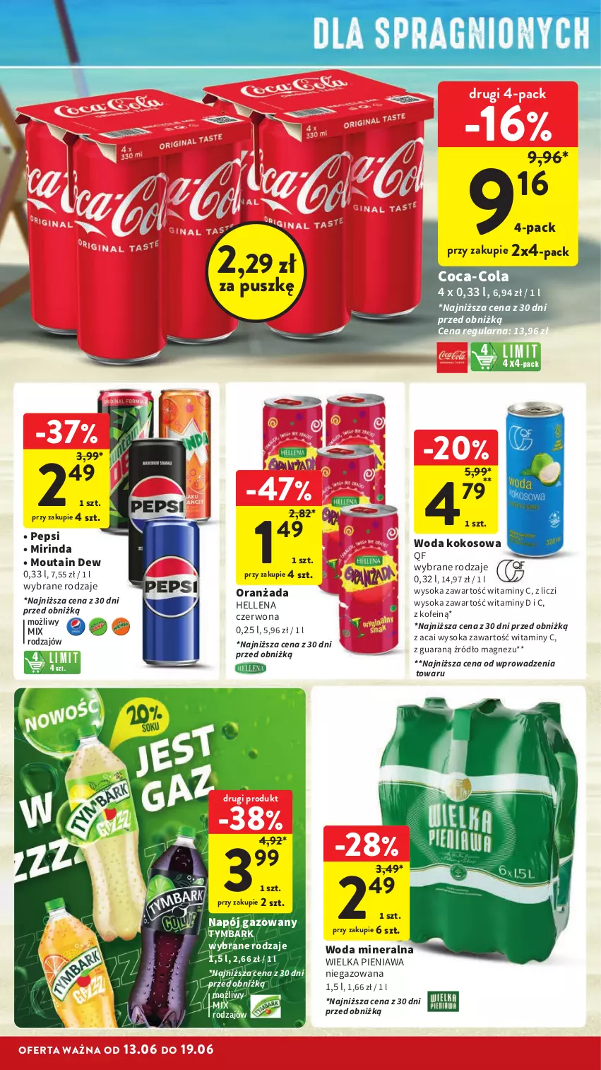 Gazetka promocyjna Intermarche - ważna 13.06 do 19.06.2024 - strona 40 - produkty: Coca-Cola, Hellena, Kokos, Liczi, Magnez, Mirinda, Napój, Napój gazowany, Oranżada, Pepsi, Sok, Tymbark, Woda, Woda mineralna