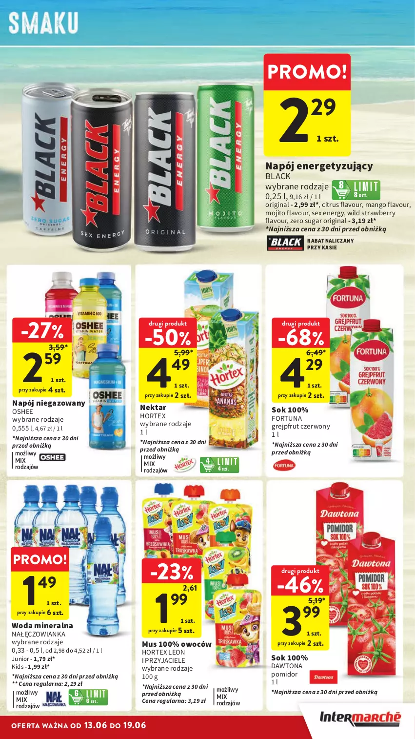 Gazetka promocyjna Intermarche - ważna 13.06 do 19.06.2024 - strona 41 - produkty: Dawtona, Fortuna, Gin, Grejpfrut, Hortex, Lack, Leon, Mango, Mus, Nałęczowianka, Napój, Napój niegazowany, Nektar, Oshee, Sok, Woda, Woda mineralna