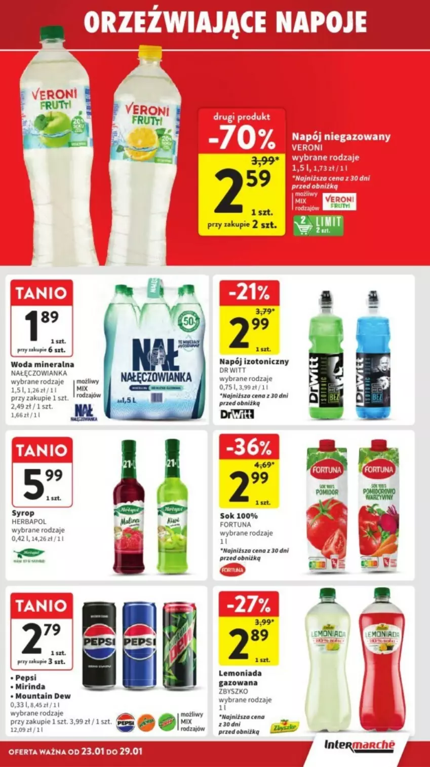 Gazetka promocyjna Intermarche - ważna 27.01 do 29.01.2025 - strona 24 - produkty: Fortuna, Herbapol, Lemoniada, Mirinda, Nałęczowianka, Napój, Napój izotoniczny, Pepsi, Sok, Syrop, Woda, Woda mineralna