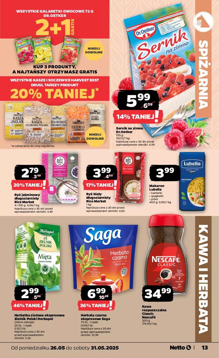Gazetka promocyjna Netto - Od Poniedziałku - ważna 26.05 do 31.05.2025 - strona 13 - produkty: Bell, Bella, Gala, Galaretki, Gra, Herbapol, Herbata, Herbata czarna, Kawa, Kawa rozpuszczalna, Lubella, Makaron, Nescafé, Ryż, Ryż biały, Saga, Ser, Spaghetti