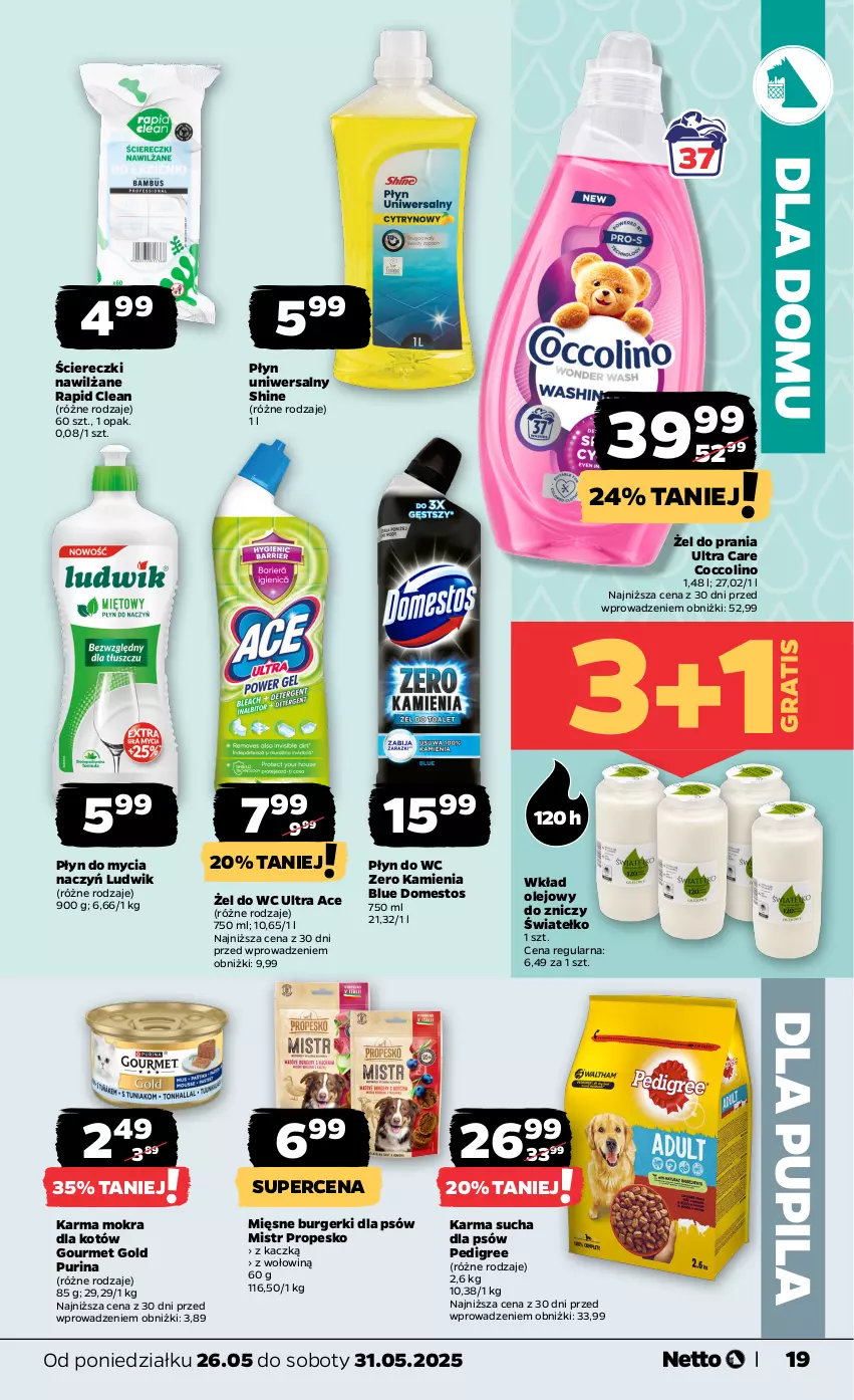 Gazetka promocyjna Netto - Od Poniedziałku - ważna 26.05 do 31.05.2025 - strona 19 - produkty: Burger, Coccolino, Do mycia naczyń, Domestos, Gourmet Gold, Gra, Karma mokra dla kotów, Ludwik, Olej, Pedigree, Płyn do mycia, Płyn do mycia naczyń, Płyn do wc, Pur, Purina, Wkład olejowy, Znicz