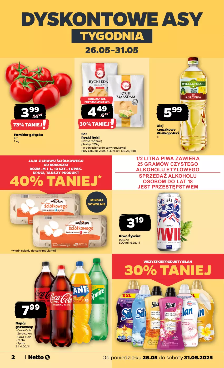 Gazetka promocyjna Netto - Od Poniedziałku - ważna 26.05 do 31.05.2025 - strona 2 - produkty: Coca-Cola, Fa, Fanta, Gra, Jaja, Kokos, Kosz, Napój, Napój gazowany, Olej, Olej rzepakowy, Piwa, Piwo, Ser, Silan, Sprite