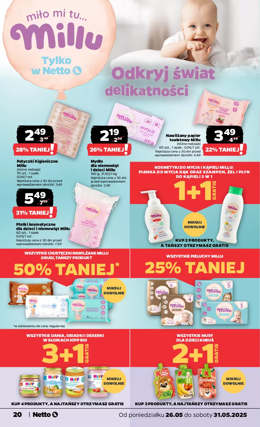 Gazetka promocyjna Netto - Od Poniedziałku - ważna 26.05 do 31.05.2025 - strona 20 - produkty: Chusteczki, Deser, Dzieci, Gra, HiPP, Hipp Bio, Kubuś, Mus, Mydło, Nawilżany papier, Papier, Papier toaletowy, Pieluchy, Płatki kosmetyczne, Płyn do kąpieli, Ser, Szampon
